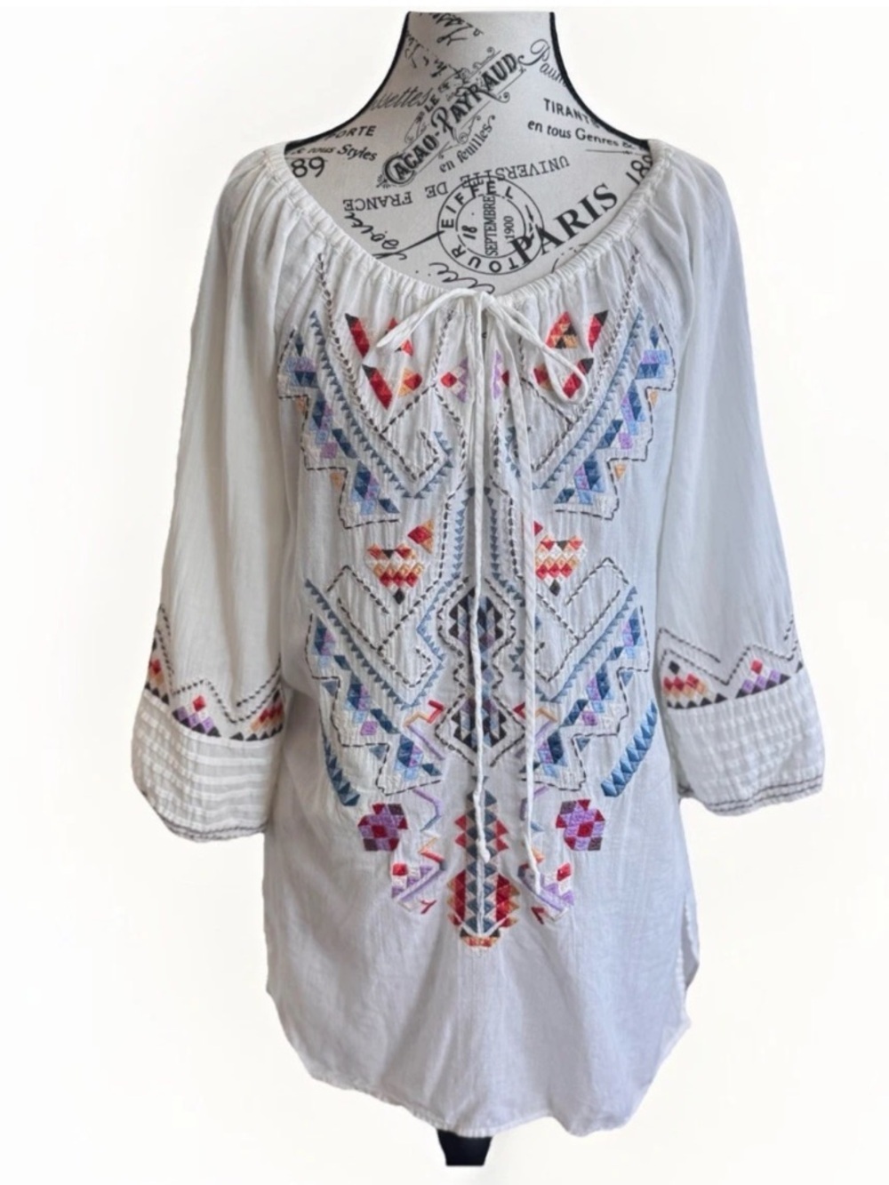 Johnny Was Embroidered White Tunic Festival Boho Floral Top Women’s Size S